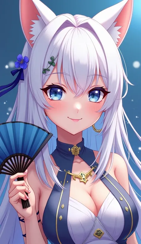  ADULT FACE ,  2D handmade cartoon, vtuber, Neko with long straight loose blue hair with the tips in lilac,  predominant lighting color in blue and gold earrings holding a fan, a character portrait inspired by Hisui Sugiura , pixiv, shin hanga, Ayaka Gensh...