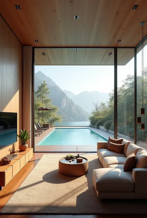 A bright room with a big sofa, a TV, and views of the pool