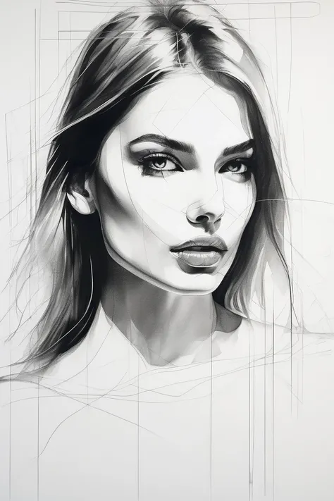 A minimalistic sketch a young womans face featuring expressive and flowing line-work. fashion model posing portrait, looking directly at viewer, white background, highlights her beauty with soft, graceful contours, capturing her intense emotional expressio...