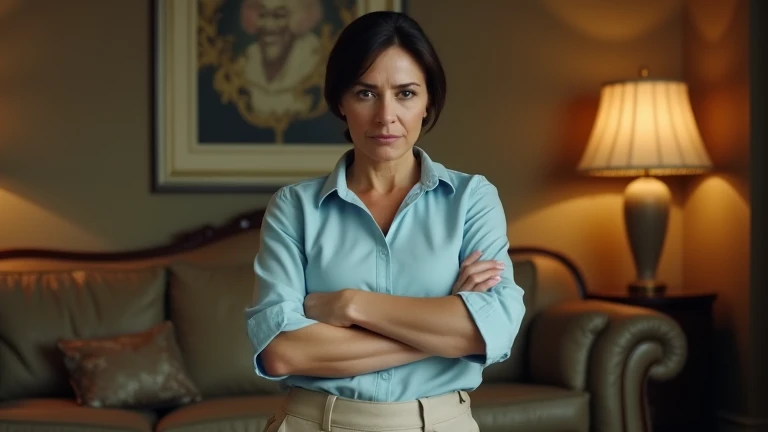 A 50-year-old Latina woman with dark brown hair styled in a simple low bun and deep brown eyes stands in a luxurious living room, wearing a pastel blue blouse and beige trousers. Her expression is stern and guarded, her arms crossed tightly. The background...