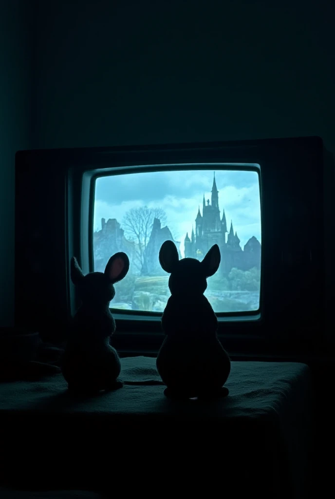  An emotional scene showing a vintage television turned off in a dark room, with the silhouettes of two anthropomorphic rats sitting together, looking sad . In the background,  faded and blurry images that refer to classic Disney programs ,  like a stylize...