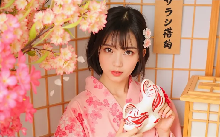 "A stunningly beautiful Japanese woman with delicate features, flawless porcelain skin, and captivating eyes. She has short, elegant black hair adorned with a traditional hairpin. She is wearing a soft pink kimono decorated with vibrant floral patterns, ra...