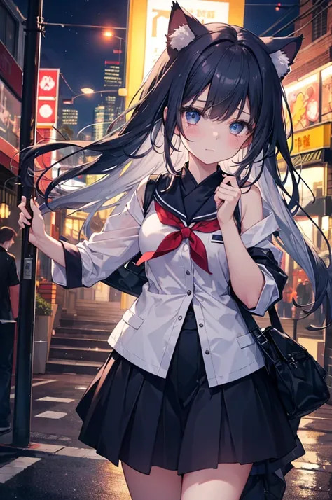 An anime-style scene set in a vibrant nighttime cityscape. Two high school girls are standing in the bustling neon-lit streets. One has silver hair, styled neatly, and wears a school uniform with a modern, elegant design. The other girl has sleek black hai...