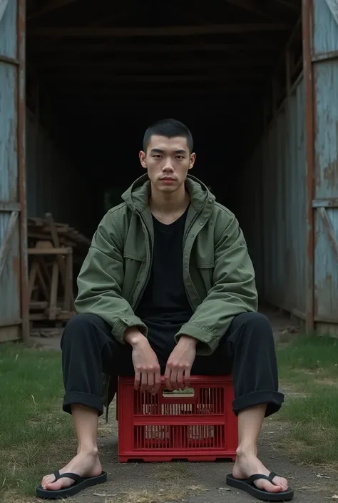 Japanese male, 20 years old, black shaved hair,Army green parka jacket,Black casual t-shirt as the undergarment,Black 3/4 pants, flip flops,Sitting on a red drink crate, inside a typical American abandoned farm barn,Very realistic, finest details, very nat...