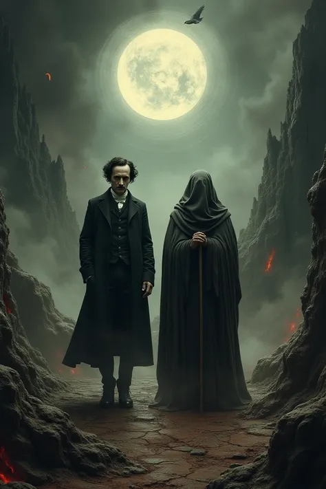 Generate Edgar Allan Poe and Virgilio as a guide in the divine comedy in the Nine Circles of Hell 