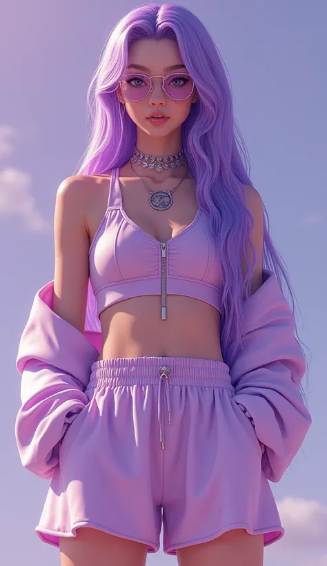 generate a beautiful girl shes wearing a hypebes outfit aesthetic the color of the outfit is the color of outfit is half 𝙻𝚊𝚟𝚎𝚗𝚍𝚎𝚛 and half 𝚕𝚒𝚐𝚑𝚝 𝚟𝚒𝚘𝚕𝚎𝚝 his hair is long and weavey and the color of the hair is half 𝚕𝚊𝚟𝚎𝚗𝚍𝚎𝚛 and half 𝚟𝚒𝚘𝚕𝚎𝚝 radiant and shes ...