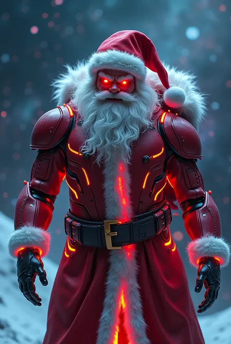 Neon cyborgue santa claus, outer space background