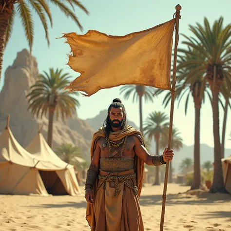 cinematic film, blank tribal banner held by desert warrior in leather armor outside open desert tent by oasis and some palm trees 1000BC, desert, film grain, grainy