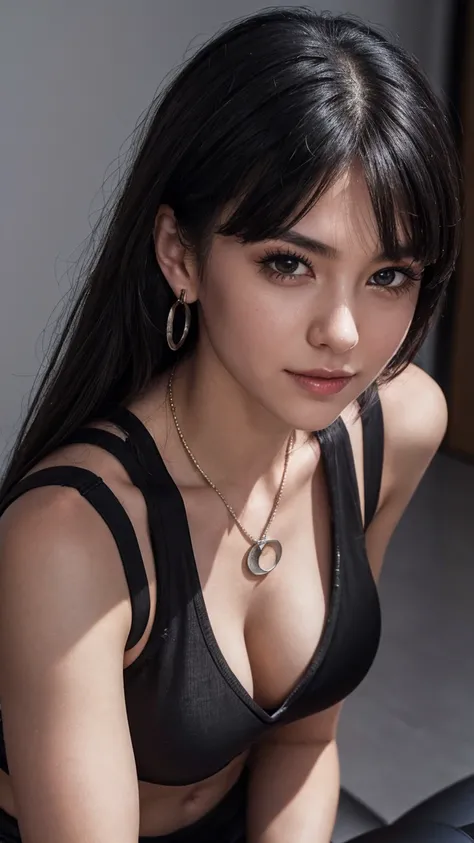 (masterpiece), best quality, hd, 4k, expressive eyes, perfect face, brown eyes, black hair, smiles, ruby necklace, linen, hair intakes, bare shoulders, earrings, english text, black footwear, black leggings, black leggings, polyester, dark pink hair, lipst...