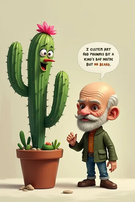 A toy cactus that repeats the phrases and a bald old man with a nose and without a beard 