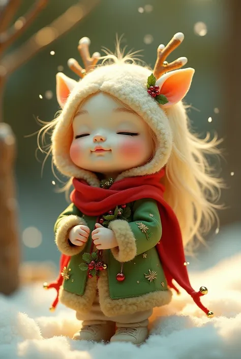  Create a small character that looks like a Christmas miracle, the character must have human features and eyes closed , with a yellow color palette , green,  red and white , 
  you must be embarking on a new trip related to Christmas  