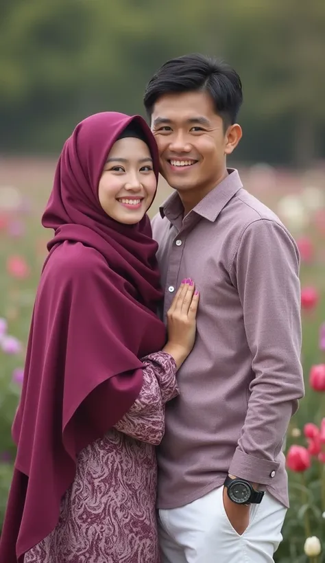 Photograpy Friendly Smiling Lovers A Beautiful korean-thai Woman Wearing A Dark Magenta Elegant intricated throusher soft magenta Hijab In setting on the shoulder of A young Indonesian charming Man  with fair skin Wearing A soft mauve Shirt cashual sweater...