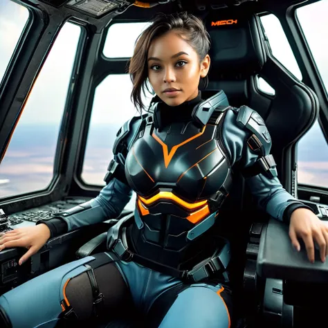 Highly detailed photo of a woman, SF soldier, 30yo, (Mech warrior of women mercenary, Hyper huge saggy boobs, (body armor)), wide open chest, sitting like a queen, Stately and dignified, Very dissatisfied look, (headset, Powerful and beautiful eyes, (femal...