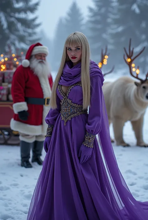  Real full body photo of a beautiful 30-37 year old girl ,  hourglass figure .  in a beautiful dress that covers her entire body up to the ankles of Santa Claus in a strong purple color,  with a beautiful purple scarf covering her chest and neck  ,  with v...