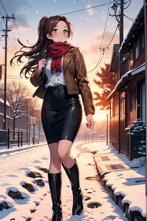 ((masterpiece, best quality:1.3, high detail)), beautiful woman, looking at viewer, long hair, (dark red brown hair, ponytail hair), full-face blush, solo focus, one person, (brown jacket, white blouse, red scarf, (long black skirt), long leather pencil sk...