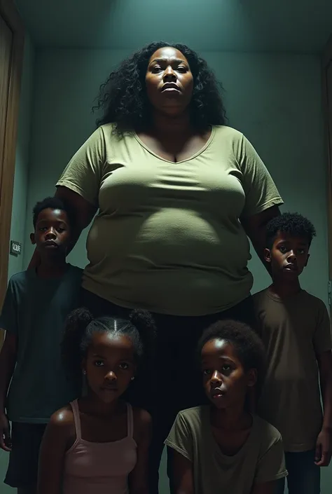 Create an image of a 42 year old 200 pound African mother manipulating her 24 year old 200 pound daughter, 22 year old 160 pound tall son and  old school boy 130 pound son. The mother is manipulating them for her selfish interests. 