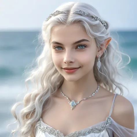 a beautiful young  woman, sweet and cute, 20 years old, her face reminds of  Yvonne Catterfeld, narrow face, narrow nose, narrow  chin, high cheekbones, (((light grey eyes))), (((short pointed elven ears))),  (((silver-white long wavy hair that falls far i...