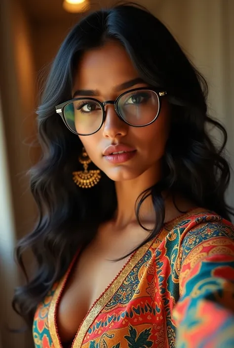 Indian woman hot wearing kurti having huge boobs and clevage and wearing specs like mia khalifa taking a close selfie