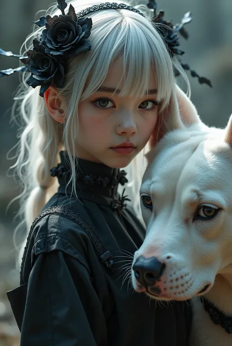 Cute Korean girl with light hair and a skull outfit and a skull mask and an unshaka with black eyes and her with a white pitt bull on her side