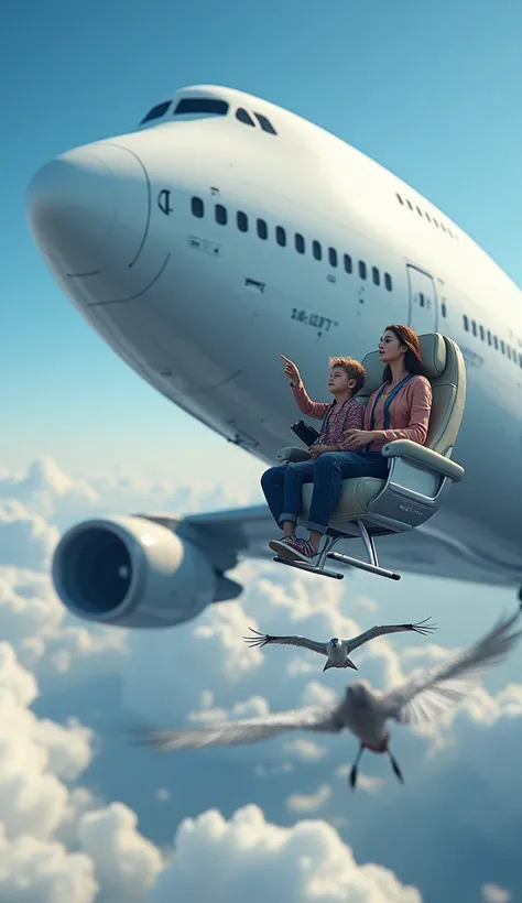 Prompt:
"A colossal Boeing 747 soaring high above the clouds, with a camera view positioned directly above the plane. On the exterior of the aircraft, proportionately scaled, a woman and a   are seated on an airplane chair, securely fastened with seat belt...