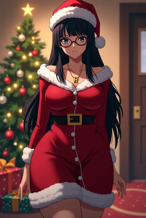 Anime style "Boku no Hero Academia", high quality, woman, tall, good body, medium large breasts, small waist, wide hips, medium thighs, black hair, long hair, bangs, gray slanted eyes, black round glasses, look cold and serious, small gold chain with an R-...