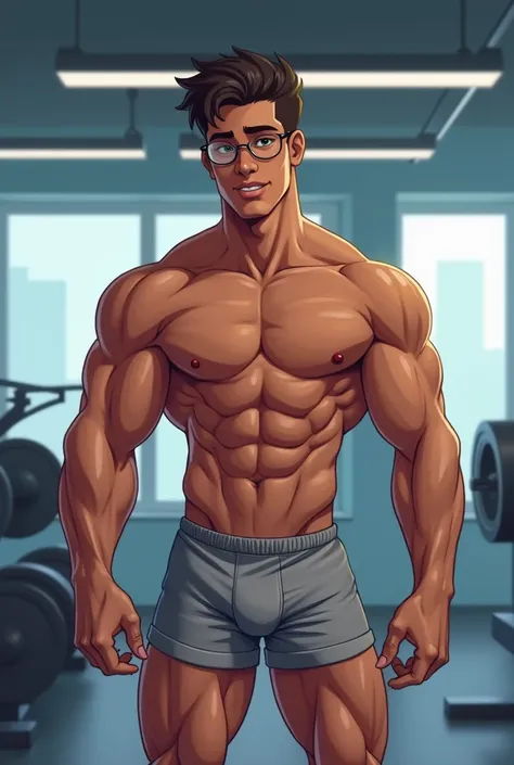 man, 18 years old,  slim body ((medium pectorals)) ((small abs ))  brown skin, with round glasses, cabello curly, without flannel , pose sexy (( gray shorts with big bulge)),  illustration style , improve quality, IN A GYM 