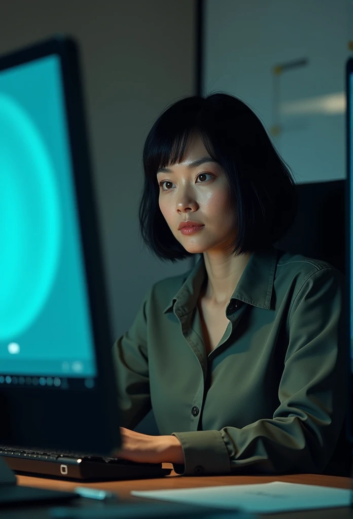 Very realistic,very detailed,A middle age woman,she is a secretary,she is sitting on a chair,she s watching an hypnotic computer,she has black hair,she has hypnotized face expression