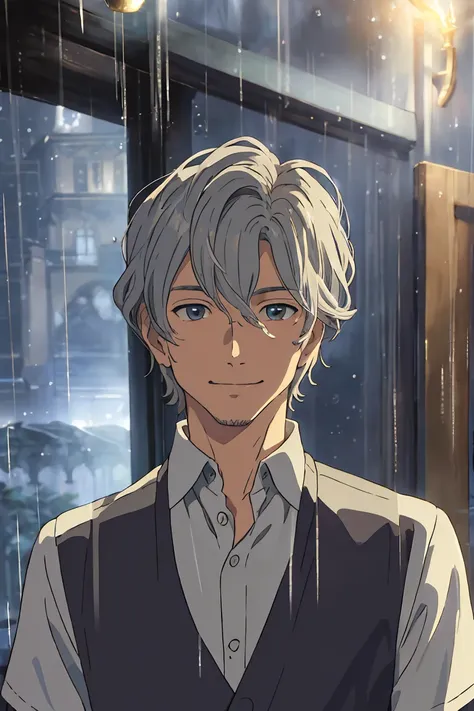   masterpiece  ,  in the dark, chico, man, male, John Liebert, wavy silver hair ,  corto,  corto,  corto, friendly smile, tender, tender,  squinting eyes ,   very detailed and beautiful face and eyes,  portrait, shirt, rain