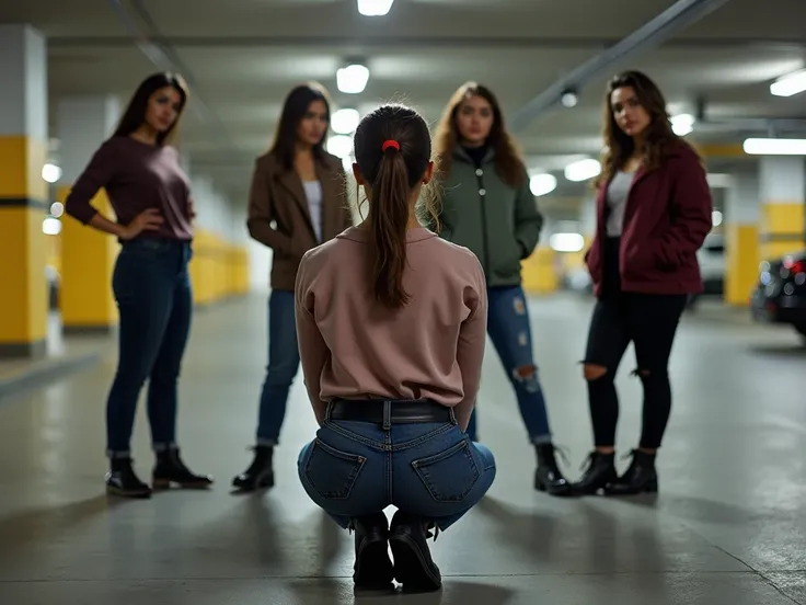 5 women colombian 25 year old kneeling while looking at me, they are all dressed differently, one of the is wearing skinny jeans with black belt and high rise leather boots, in an underground parking lot, From the side, Ponytail, 