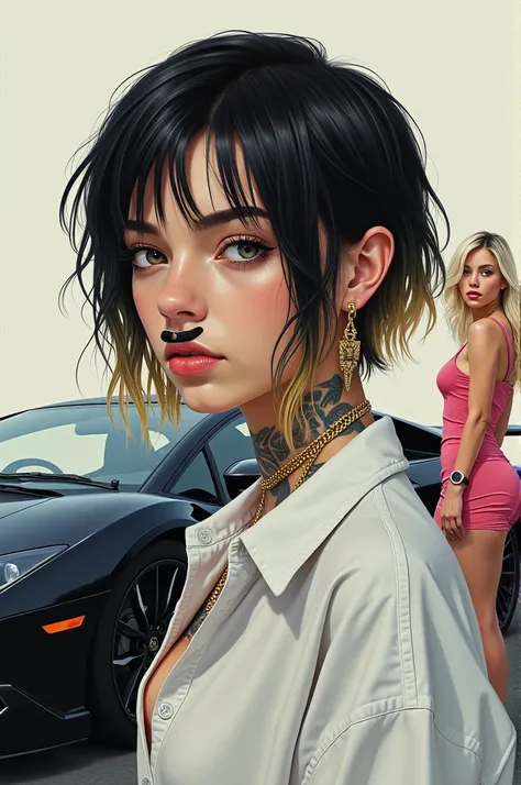 (Photo drawing) a teenager of approximately  ,  black and blond hair at the ends , cropped eyebrow ,  cold white shirt ,  tattoos on her neck and mustache failing , gold chains,  behind has a black Lamborghini , a pretty blonde woman in a short pink dress