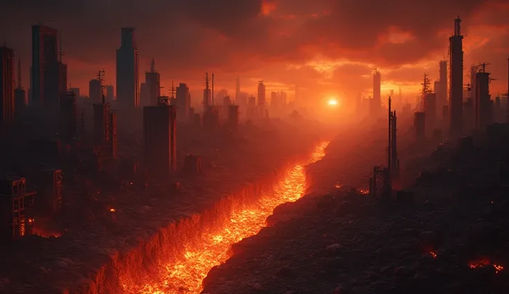 A terrible earthquake. A crack in the ground runs between the skyscrapers in the dead city. The crack burns with a hellish flame, from which bones, demon hands, and other horrors stick out.. Armegeddon, the end of the world. A Crimson Sunset. The ruins of ...