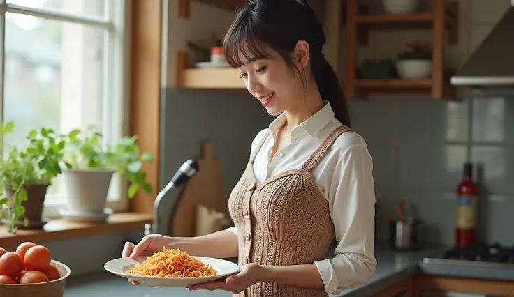 Beautiful 22 year old Japanese beauty　(((They seem to be having fun making hamburg dishes:1.8)))smile(((A knitted dress that fits perfectly and accentuates the chest　 miniskirt:1.6)))　 high definition 、correct、 anatomically correct、masterpiece、 top quality...