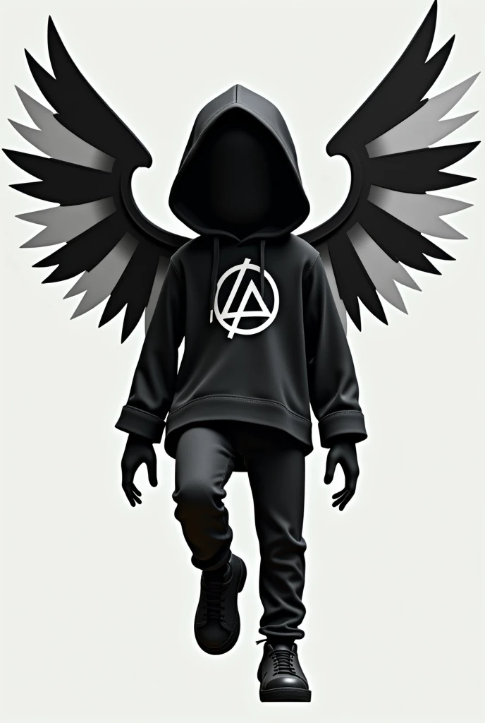 Make a person levitating with black and white wings on their back ,  a hoodie with wings and that hoodie is white minus a face that is totally black , And this person has a black shirt written Linkin Park and he has black pants and everything as if it were...