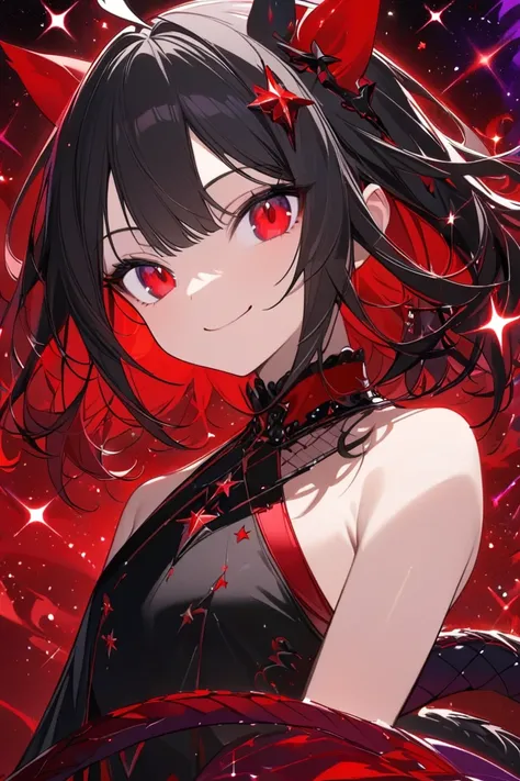   Girl, 18 years old, Messy short hair, Side parted hair , Black hair,  horse face, Red eyes, smile, smileเห็นฟัน, hedevil, devil, he, Dragon tail,  black dress with half shoulder opening, Black-red open shoulder tunic,  flat chest, Red Sparkle ,  Purple G...