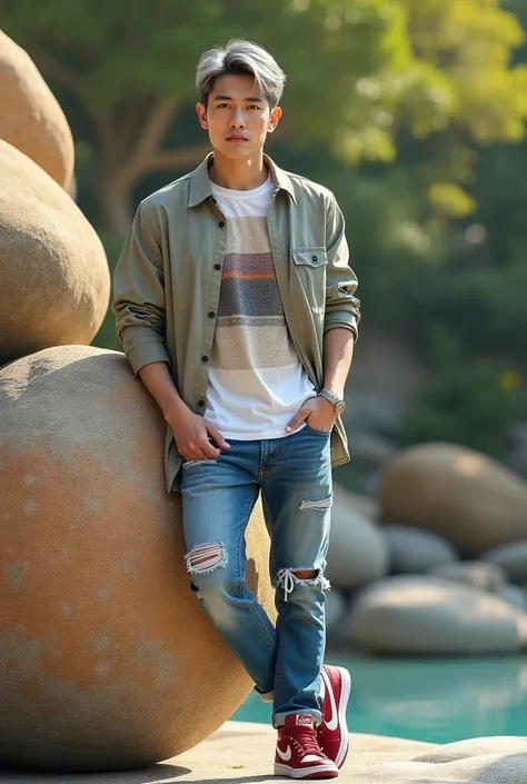 A handsome Korean man is standing leaning on a multicolored rolling stone and has gray hair. the man is wearing a distro t-shirt casual jacket blue tosca jeans rip Jordans shoes.morning detailed and clear .realistic 