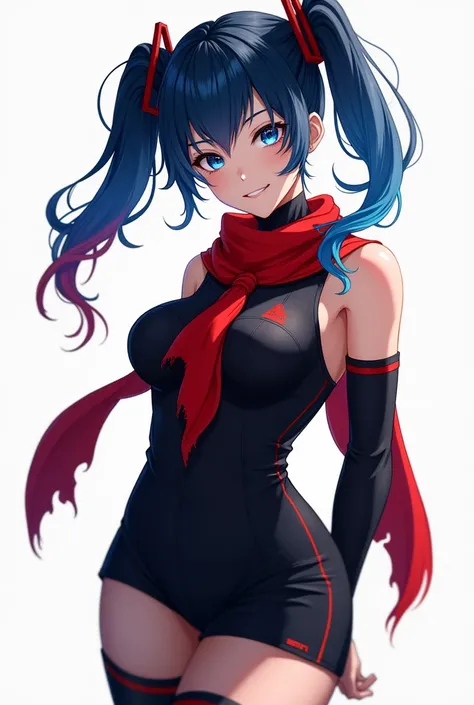 thigh high bootsa close up of a girl in black and red clothing and a blue dress, 1girl, solo, blue hair, blue eyes, red scarf, twintails, multicolored hair, thighhighs, white background, simple background, white hair, breasts, scarf, arms behind back, look...