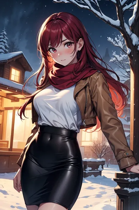 ((masterpiece, best quality:1.3, high detail)), beautiful woman, looking at viewer, long hair, (maroon hair), full-face blush, solo focus, one person, (brown jacket, white blouse, red scarf, (long black pencil ((skirt))), long pencil skirt, boots, outdoors...