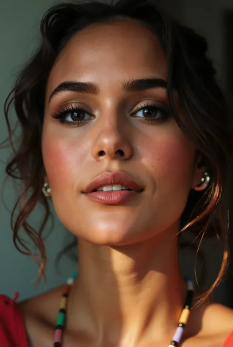 An ultra-realistic and highly detailed close-up portrait in 4K UHD with an Instagram story aesthetic. The image features a Latina woman in her late twenties or early thirties, her warm brown skin glowing softly in natural light. Her dark, expressive eyes a...