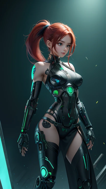 1girl, solo, looking at viewer, green eyes, bare shoulders, full body, ponytail, red hair, green eyes, heterochromia, colored sclera, android, blue sclera, greeneyes, cyborg, artificial eye, mechanical eye, holding a mechanical blade 