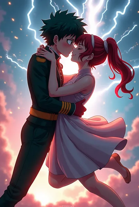 My hero Academia, Izuku Midoriya adult ,  Ochaco Uraraka adult ,  they are dressed in their hero costumes ,  they kiss each other on the mouth ,  they are in the air ,  they are surrounded by small lightning bolts due to the power of Izuku