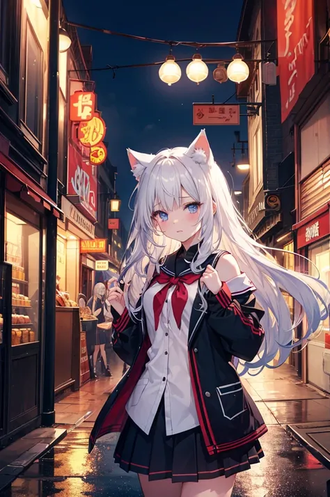 An anime-style scene set in a vibrant nighttime cityscape. Two high school girls are standing in the bustling neon-lit streets. One has silver hair, styled neatly, and wears a school uniform with a modern, elegant design. The other girl has sleek black hai...