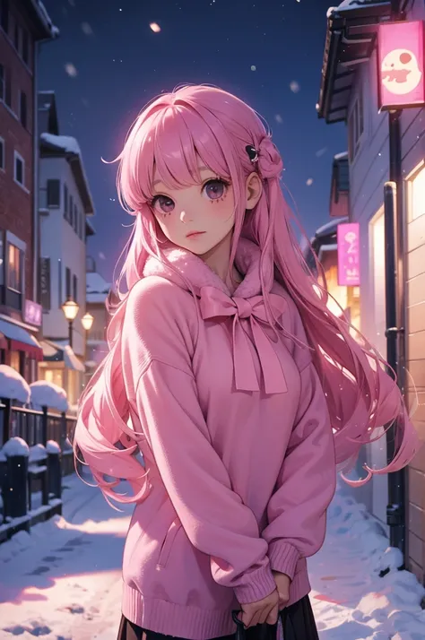 Perona,pink hair, sweater pikk ,in snow in oudoor night beautiful 