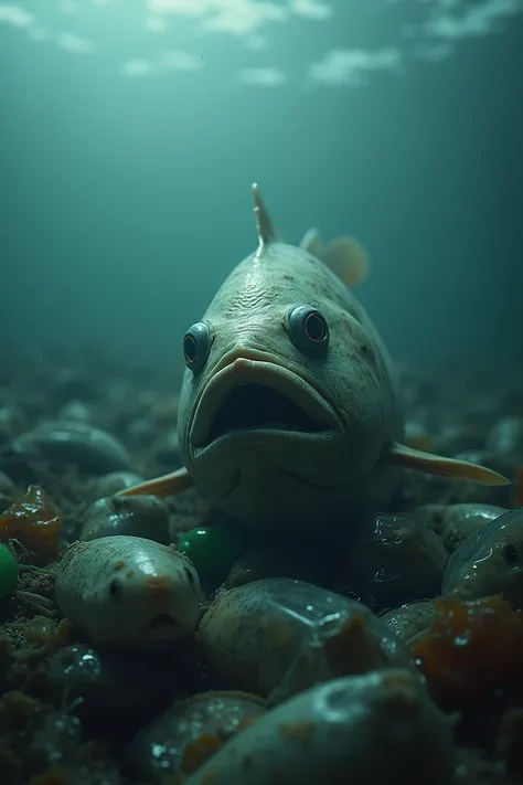 Subject: an image in which a fish is being suffocated by a bag and around dead fish more metaphorical and with more plastic around DO NOT DO IT WRAPPED IN A BAG but being hanged

Muted Color Palette: The color grading is predominantly desaturated with cool...