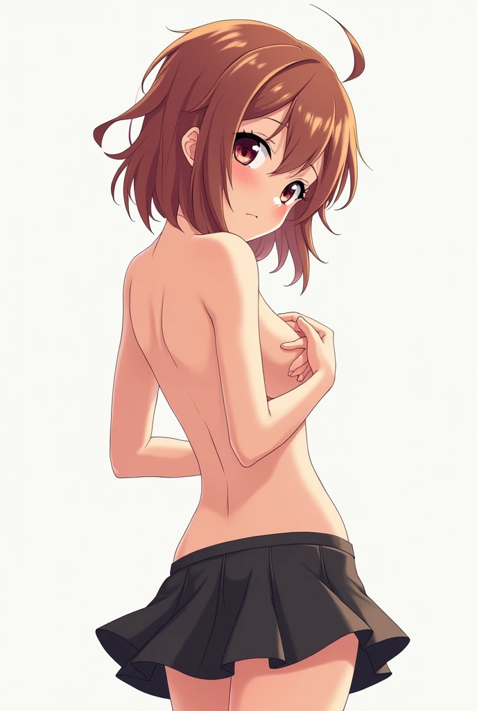 Petite naked anime girl, wearing only very short skirt, showing back said, showing front side, hands on breasts