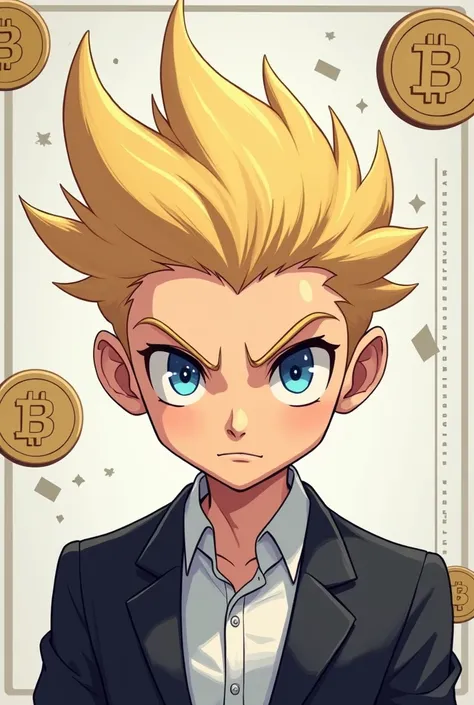 I want you to create an image for a Memecoin inspired by Pepe Coin in 2D create a blonde anime character a man. And in 2D make him serious as if he were Dexter. Now remember that its for a cryptocurrency 