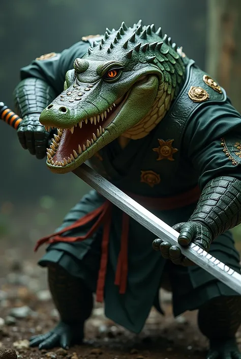 Extreamly strong aggresive and scary aligator that has a katana in its hands and a samurai clothing 