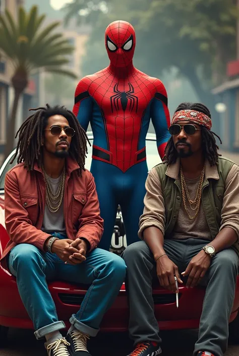 Do Spider-Man with Bob Marley  ,  Snoop Dog and Tchu Pac smoking a joint while listening to a realistic luxury car sound 