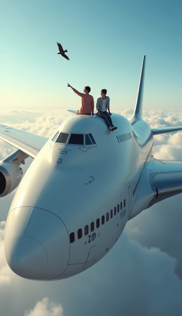 Prompt:
"A colossal Boeing 747 soaring high above the clouds, with the camera positioned directly above the plane. On the top exterior of the aircraft, a woman and a   are seated on an airplane chair, both securely fastened with seat belts. The woman, dres...