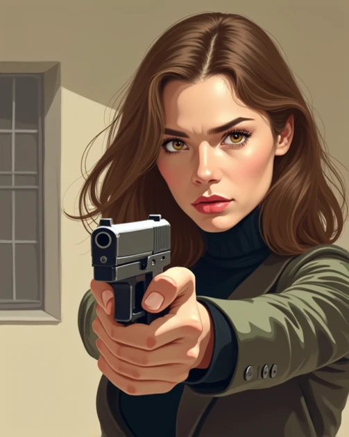 I want a brown-haired woman with yellow-brown eyes in black clothes holding a gun and protecting her from a handsome and well-dressed man who is after her