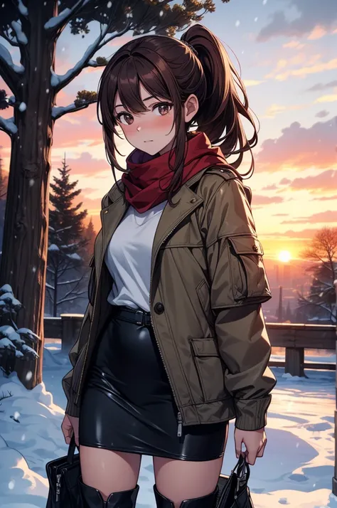 ((masterpiece, best quality:1.3, high detail)), beautiful woman leaning to the side, looking at viewer, long hair, (dark red brown hair, ponytail hair), full-face blush, solo focus, one person, (brown jacket, white blouse, red scarf, (long black skirt), lo...